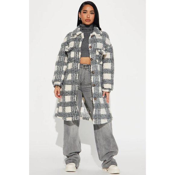 Grace + Emma Jackets & Blazers - NWT Grace + Emma Plaid Shearling Long Jacket with Hidden Side Pockets